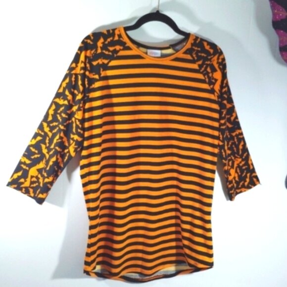 Halloween Tee 3/4 Sleeves Bats Stripes Orange Black Large - Picture 1 of 7